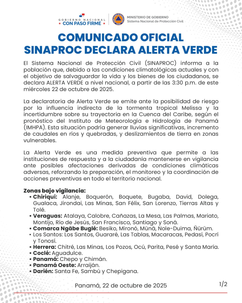 image-3-819x1024 SINAPROC declara Alerta Verde en todo Panamá por efectos de la tormenta tropical Melissa