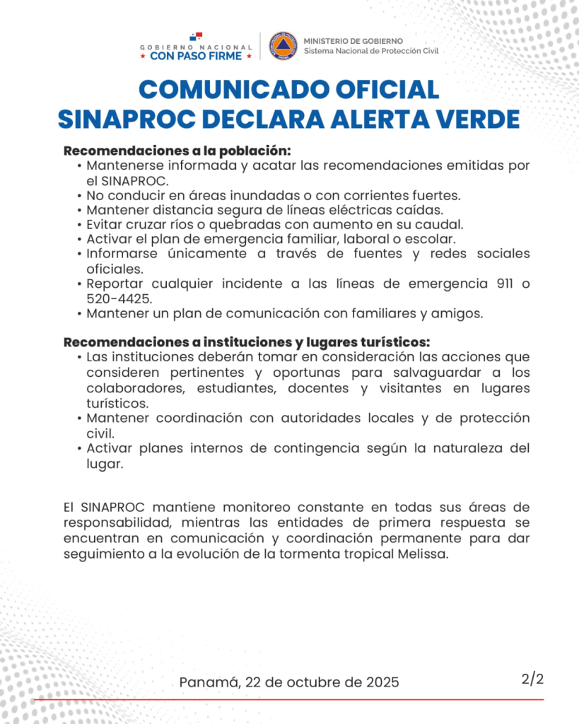 image-4-819x1024 SINAPROC declara Alerta Verde en todo Panamá por efectos de la tormenta tropical Melissa